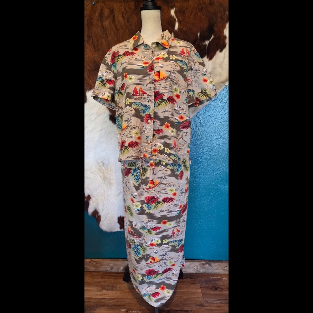 Vintage Tropical Print Maxi Skirt with Shirt